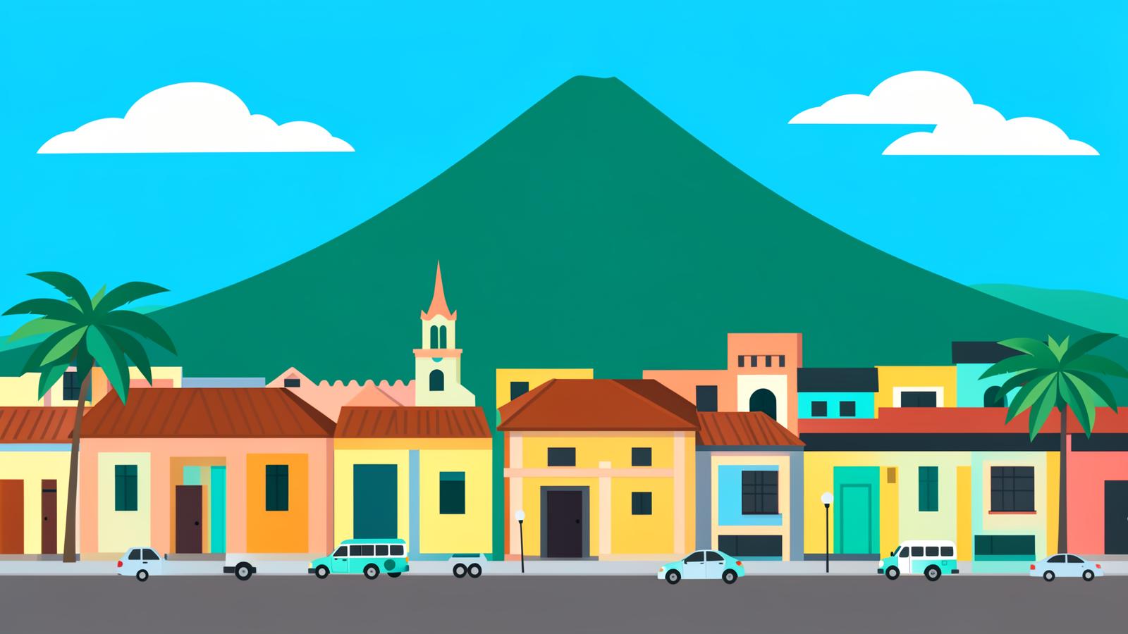 CAPTN illustration of a colorful town beneath a volcano